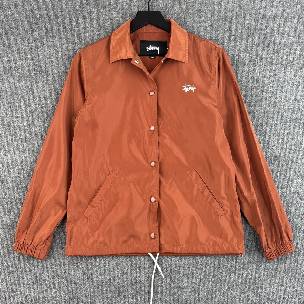 Stussy Coaches Windbreaker Jacket Mens XS Rust Orange Snap Front Streetwear